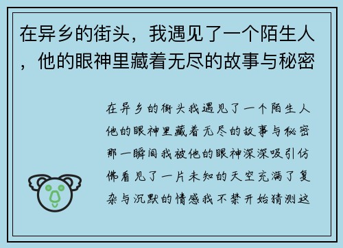 在异乡的街头,我遇见了一个陌生人,他的眼神里藏着无尽的故事与秘密 在异乡的街头,我遇见了一个陌生人,他的眼神里藏着无尽的故事与秘密